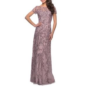 La Femme Women's High-Neck Floral Beaded Lace Gown in Dusty Lilac Size 10
